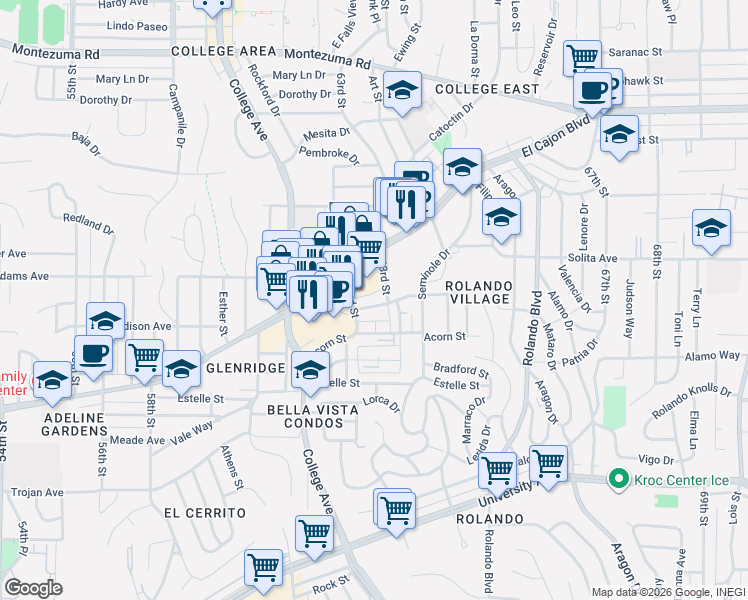 map of restaurants, bars, coffee shops, grocery stores, and more near 6264 1/2 Stanley Avenue in San Diego