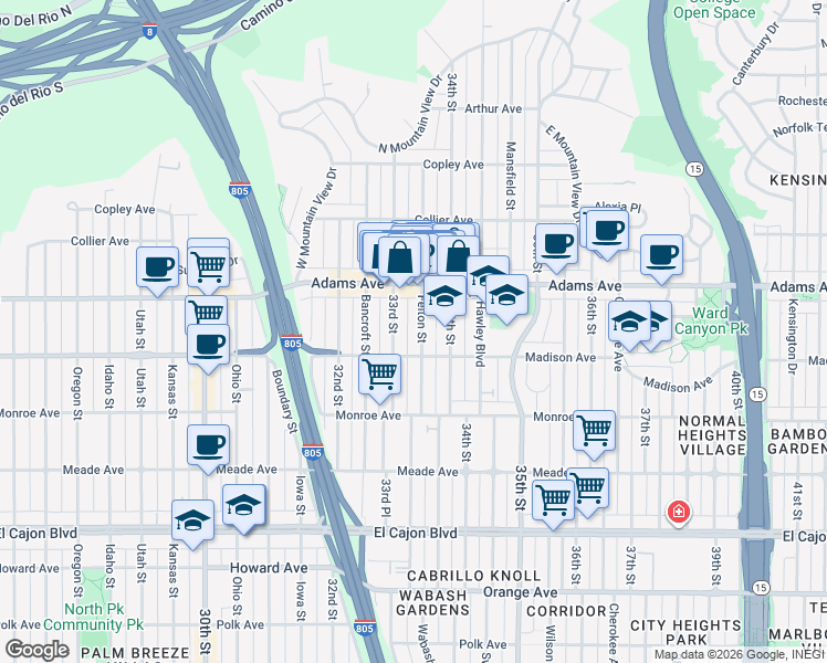 map of restaurants, bars, coffee shops, grocery stores, and more near 4621 Felton Street in San Diego