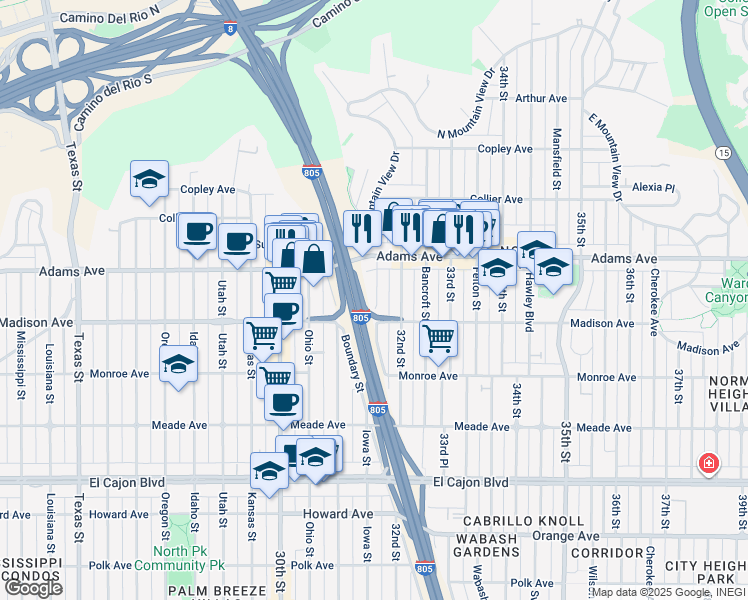 map of restaurants, bars, coffee shops, grocery stores, and more near 4615 Iowa Street in San Diego