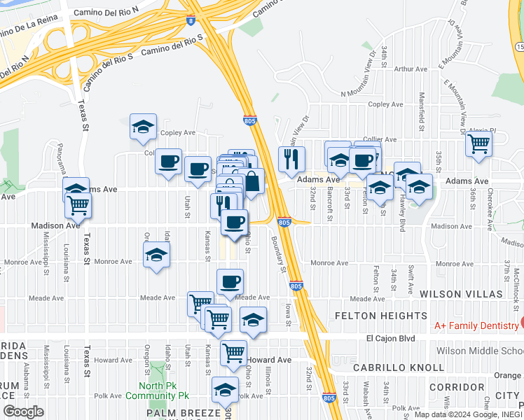 map of restaurants, bars, coffee shops, grocery stores, and more near 4626 Boundary Street in San Diego