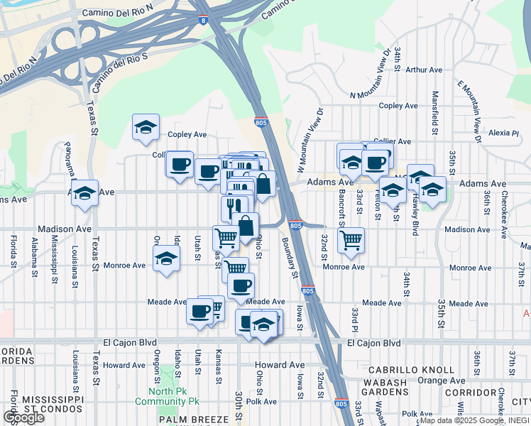 map of restaurants, bars, coffee shops, grocery stores, and more near 4630a Ohio Street in San Diego