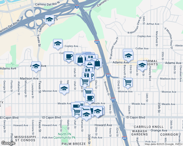 map of restaurants, bars, coffee shops, grocery stores, and more near 4622 1/2 30th Street in San Diego