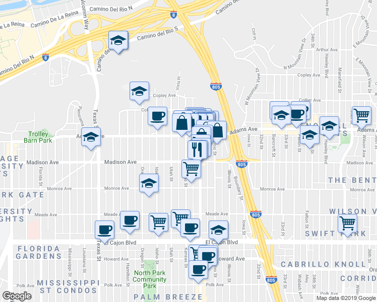 map of restaurants, bars, coffee shops, grocery stores, and more near 4622 1/2 30th Street in San Diego
