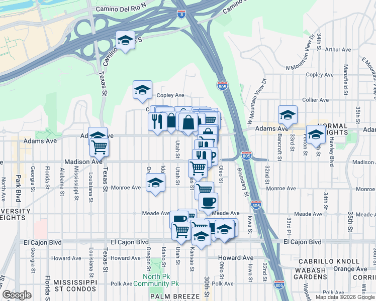 map of restaurants, bars, coffee shops, grocery stores, and more near 4602 Kansas Street in San Diego