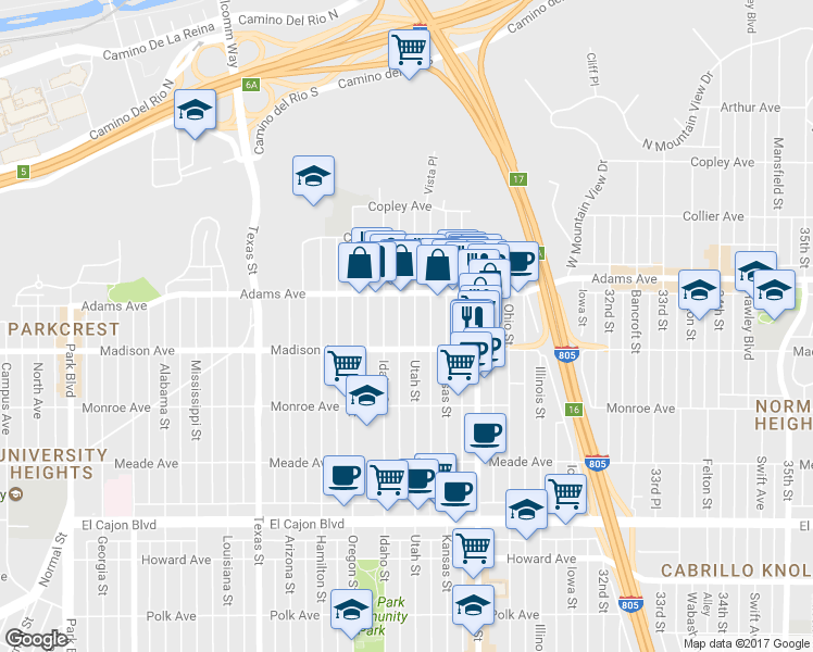 map of restaurants, bars, coffee shops, grocery stores, and more near 4623 Idaho Street in San Diego