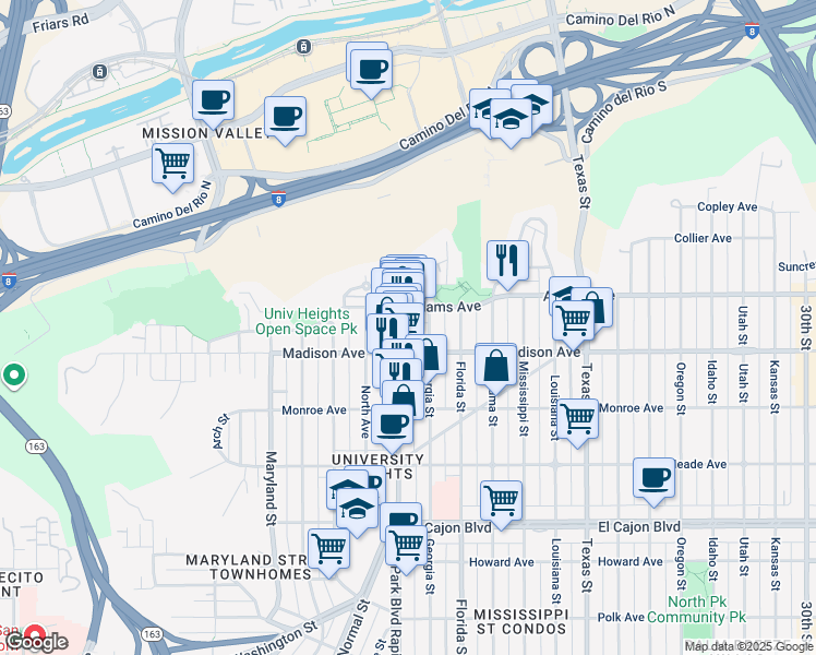 map of restaurants, bars, coffee shops, grocery stores, and more near 4628 Georgia Street in San Diego