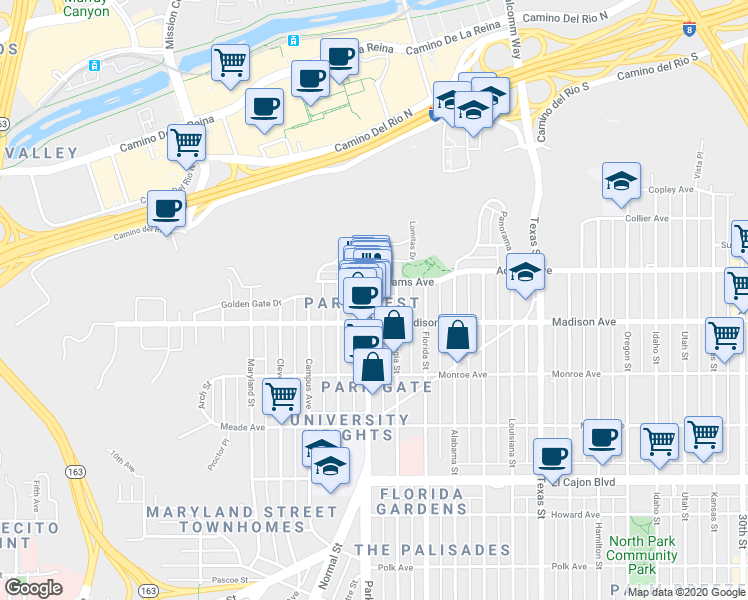 map of restaurants, bars, coffee shops, grocery stores, and more near 4628 Georgia Street in San Diego