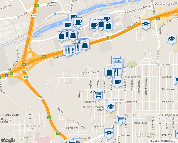 map of restaurants, bars, coffee shops, grocery stores, and more near 1245 Golden Gate Drive in San Diego