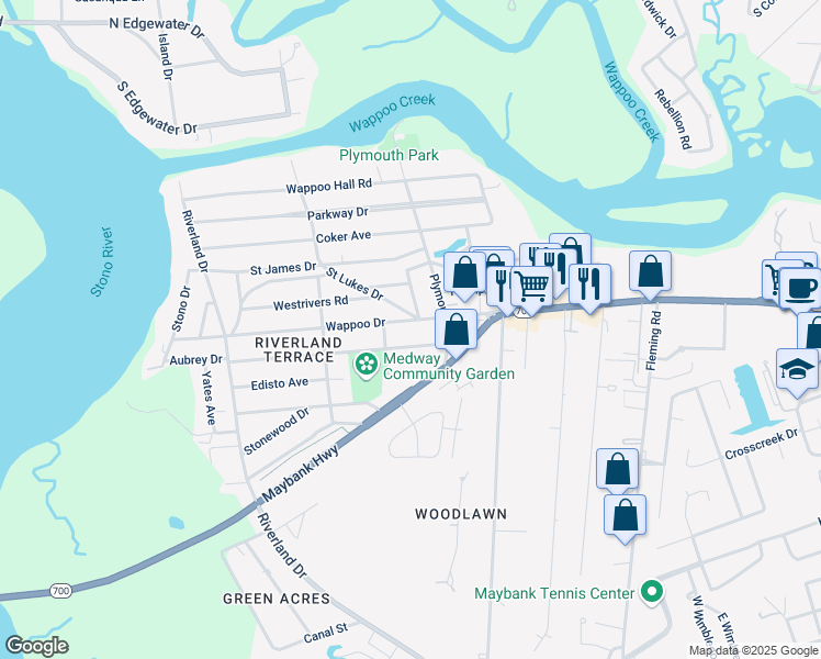map of restaurants, bars, coffee shops, grocery stores, and more near 2060 Medway Road in Charleston