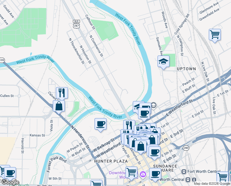 map of restaurants, bars, coffee shops, grocery stores, and more near 400 North Main Street in Fort Worth
