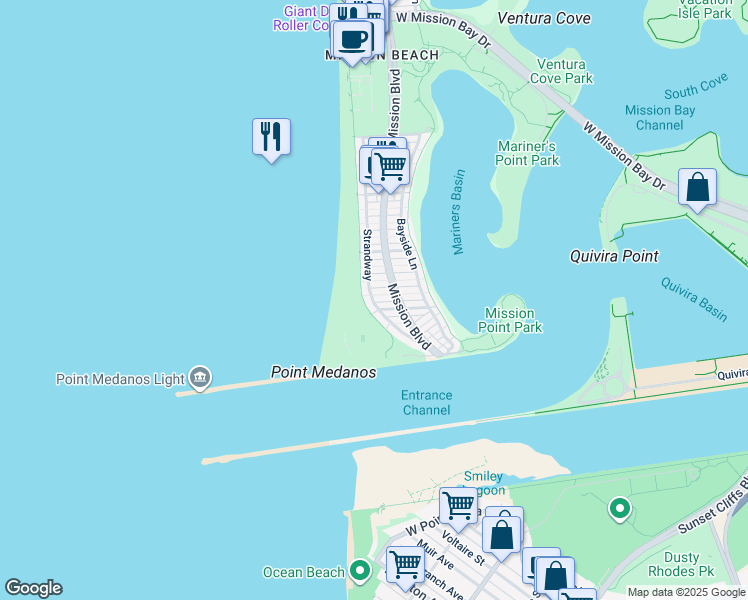 map of restaurants, bars, coffee shops, grocery stores, and more near 2715 Strandway in San Diego
