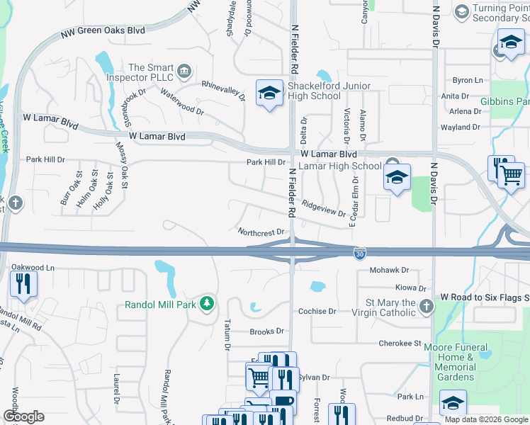 map of restaurants, bars, coffee shops, grocery stores, and more near 1702 Park Ridge Terrace in Arlington