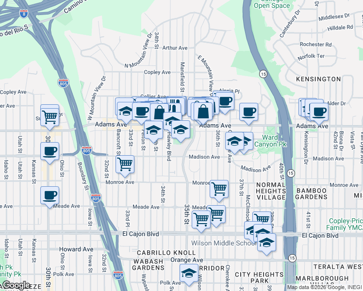 map of restaurants, bars, coffee shops, grocery stores, and more near 4672 35th Street in San Diego