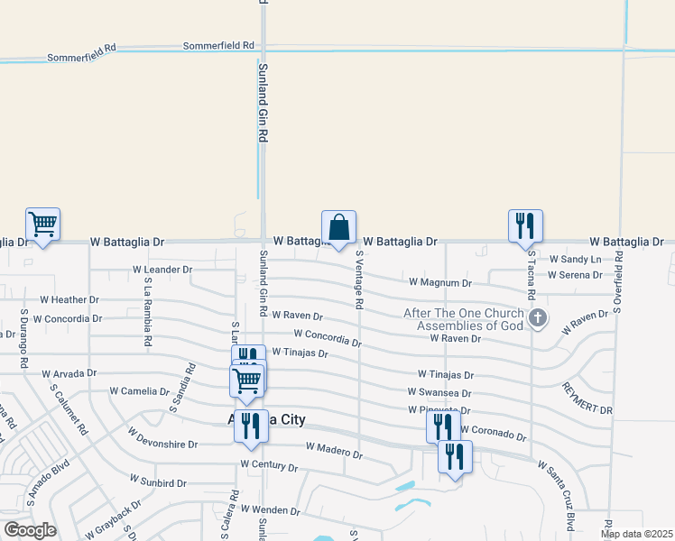 map of restaurants, bars, coffee shops, grocery stores, and more near 9290 West Troy Drive in Arizona City