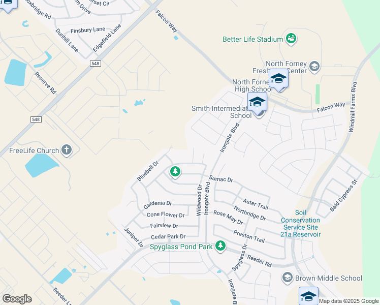 map of restaurants, bars, coffee shops, grocery stores, and more near 2009 Misty Hollow Court in Forney
