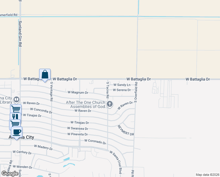 map of restaurants, bars, coffee shops, grocery stores, and more near 8435 West San Mateo Drive in Arizona City