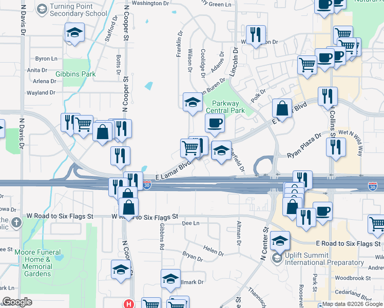 map of restaurants, bars, coffee shops, grocery stores, and more near 430a East Lamar Boulevard in Arlington