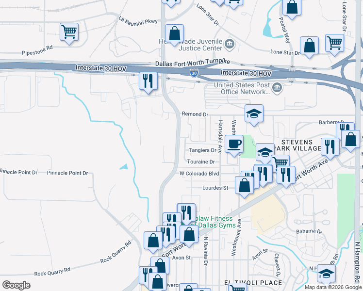 map of restaurants, bars, coffee shops, grocery stores, and more near 3138 Touraine Drive in Dallas