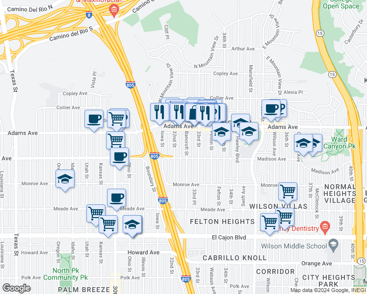 map of restaurants, bars, coffee shops, grocery stores, and more near 4634 Bancroft Street in San Diego