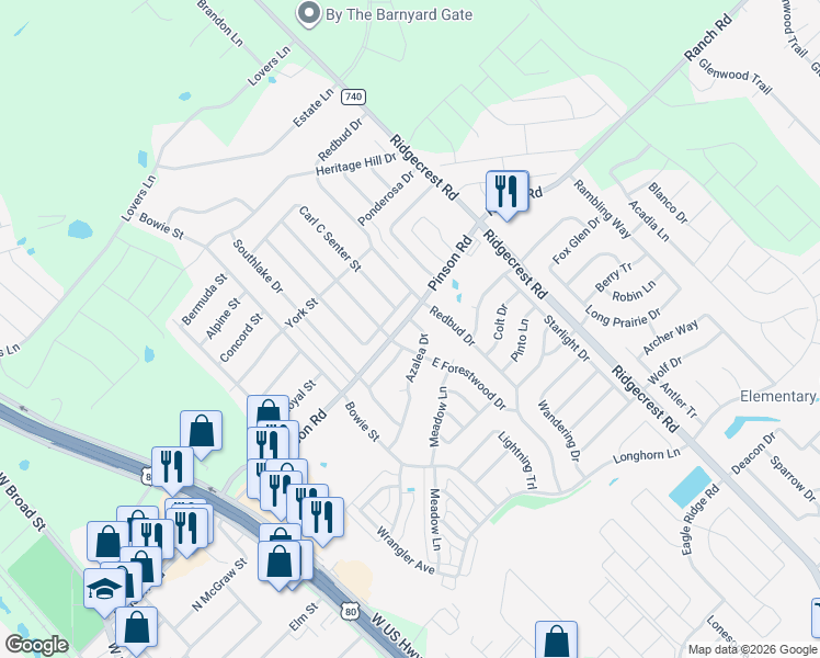 map of restaurants, bars, coffee shops, grocery stores, and more near 320 Forestwood Drive in Forney