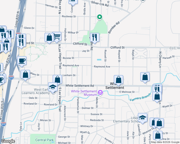 map of restaurants, bars, coffee shops, grocery stores, and more near 200 East Place in White Settlement