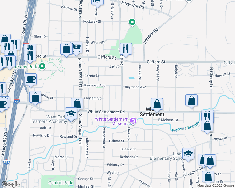 map of restaurants, bars, coffee shops, grocery stores, and more near 200 East Place in White Settlement