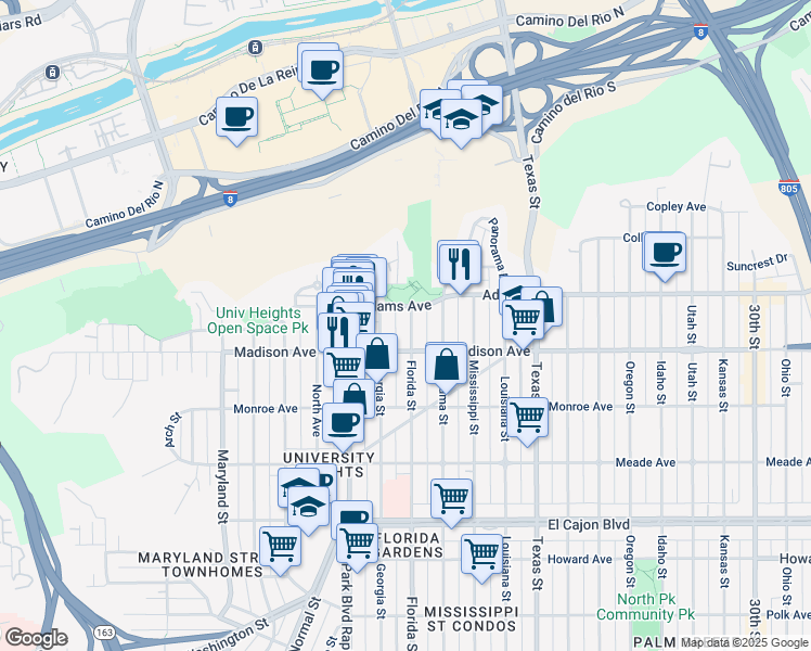 map of restaurants, bars, coffee shops, grocery stores, and more near 4619 Georgia Street in San Diego
