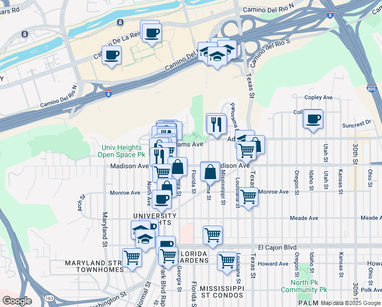 map of restaurants, bars, coffee shops, grocery stores, and more near 4642 Florida Street in San Diego