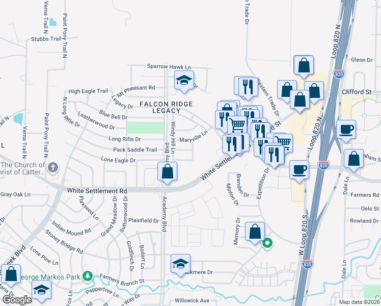 map of restaurants, bars, coffee shops, grocery stores, and more near 9801 Pack Saddle Trail in Fort Worth