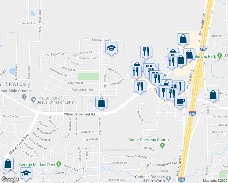map of restaurants, bars, coffee shops, grocery stores, and more near 9805 Pack Saddle Trail in Fort Worth