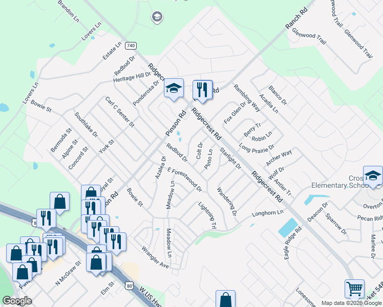map of restaurants, bars, coffee shops, grocery stores, and more near 504 Colt Drive in Forney