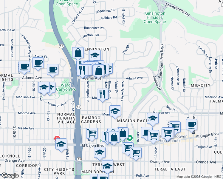 map of restaurants, bars, coffee shops, grocery stores, and more near 4632 Vista Street in San Diego