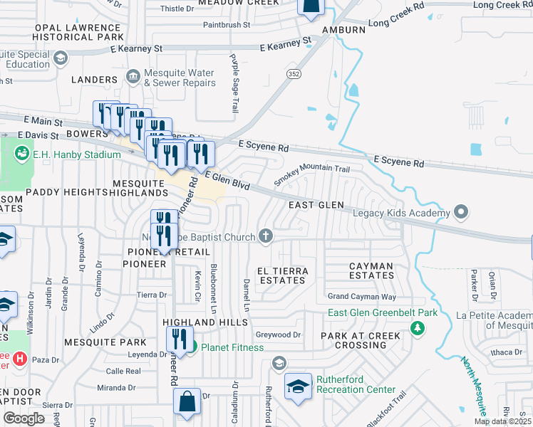 map of restaurants, bars, coffee shops, grocery stores, and more near 432 Seminary Ridge in Mesquite