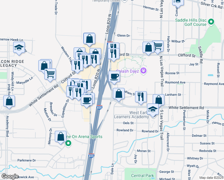 map of restaurants, bars, coffee shops, grocery stores, and more near North Jim Wright Freeway in White Settlement