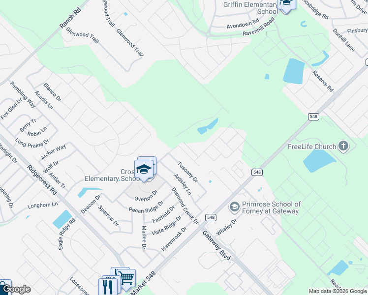 map of restaurants, bars, coffee shops, grocery stores, and more near 426 Tuscany Drive in Forney