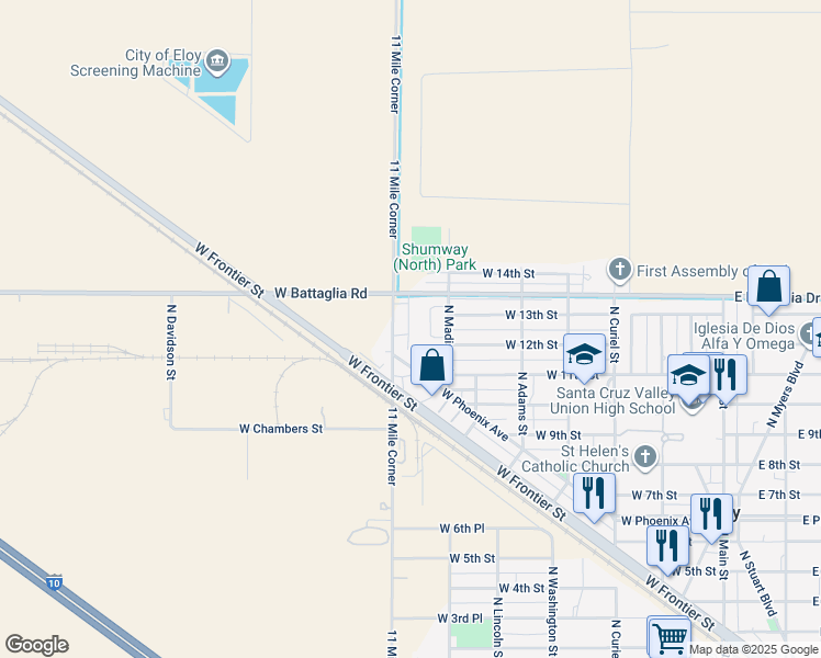 map of restaurants, bars, coffee shops, grocery stores, and more near 799 West Battaglia Road in Eloy
