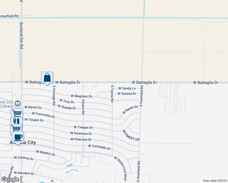 map of restaurants, bars, coffee shops, grocery stores, and more near 8435 West San Mateo Drive in Arizona City