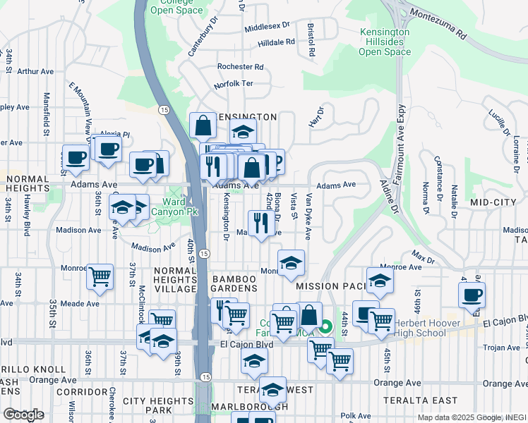 map of restaurants, bars, coffee shops, grocery stores, and more near 4621 Edgeware Road in San Diego