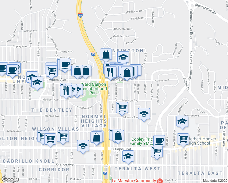 map of restaurants, bars, coffee shops, grocery stores, and more near 4623 Terrace Drive in San Diego