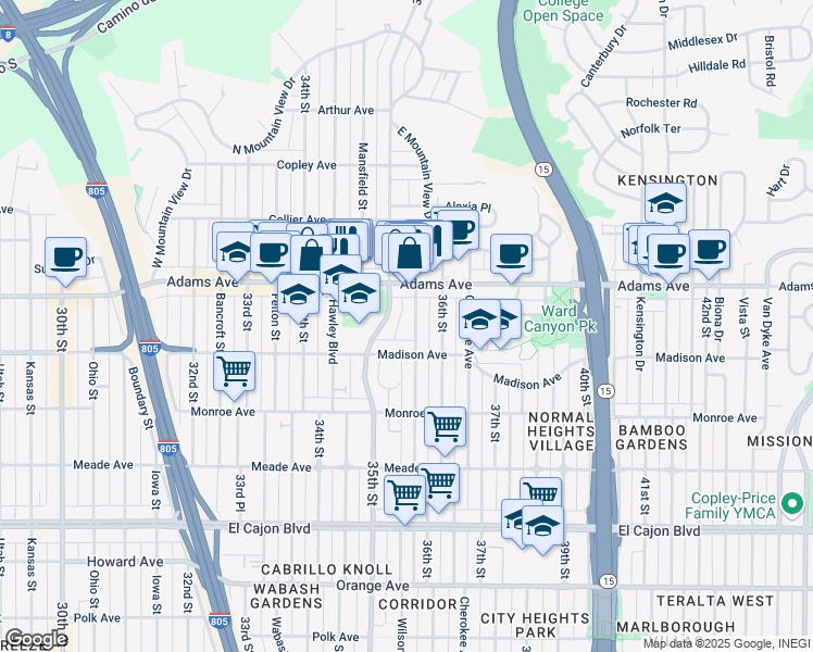 map of restaurants, bars, coffee shops, grocery stores, and more near 4620 Wilson Avenue in San Diego