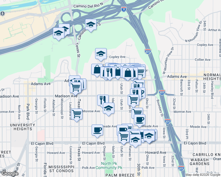 map of restaurants, bars, coffee shops, grocery stores, and more near 2716 Madison Avenue in San Diego