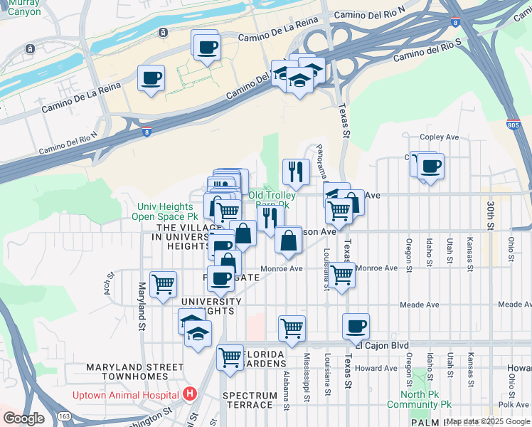 map of restaurants, bars, coffee shops, grocery stores, and more near 4619 Georgia Street in San Diego