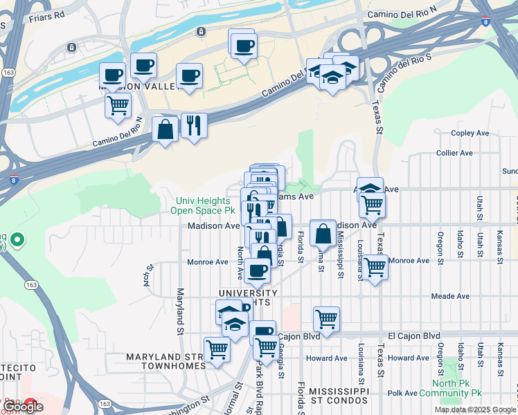map of restaurants, bars, coffee shops, grocery stores, and more near 4640 North Avenue in San Diego