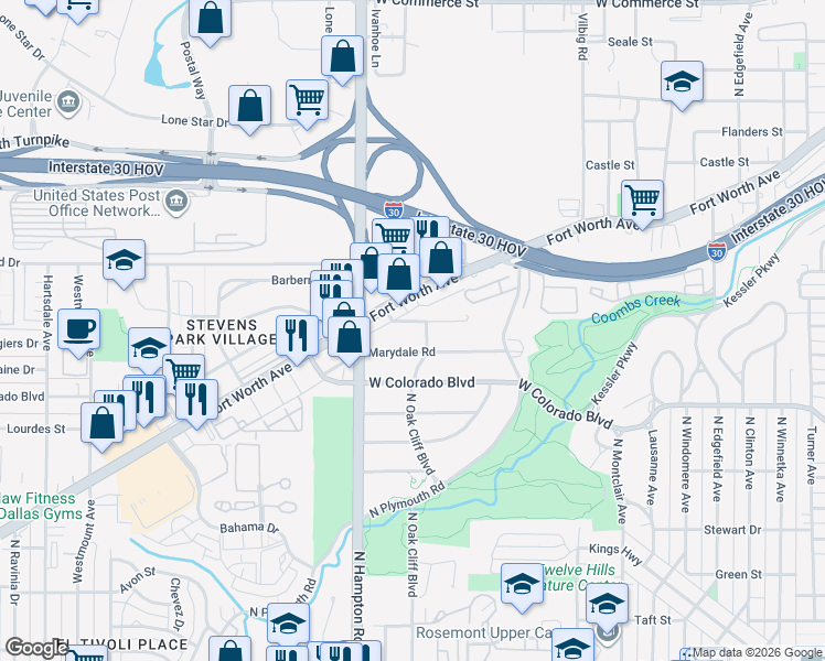 map of restaurants, bars, coffee shops, grocery stores, and more near 2023 Marydale Road in Dallas