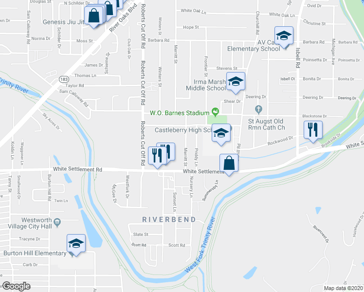 map of restaurants, bars, coffee shops, grocery stores, and more near 137 Merritt Street in Fort Worth