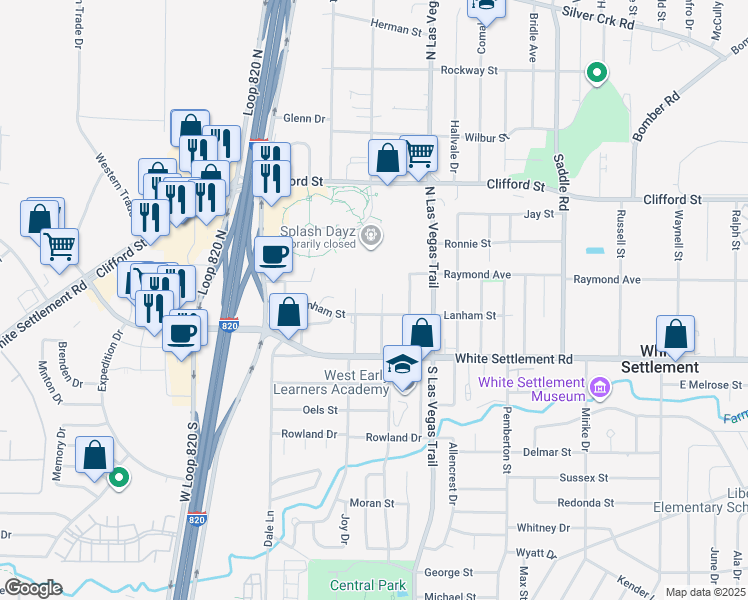 map of restaurants, bars, coffee shops, grocery stores, and more near 201 North Judd Street in White Settlement