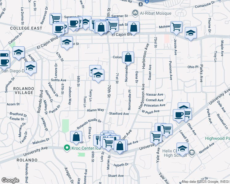 map of restaurants, bars, coffee shops, grocery stores, and more near 4580 71st Street in La Mesa