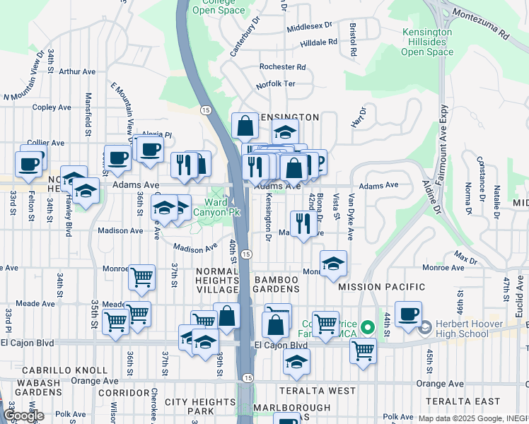 map of restaurants, bars, coffee shops, grocery stores, and more near 4638 Kensington Drive in San Diego