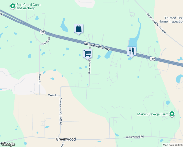 map of restaurants, bars, coffee shops, grocery stores, and more near 303 Greenwood Cut Off Road in Weatherford