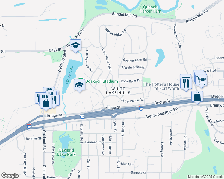 map of restaurants, bars, coffee shops, grocery stores, and more near 1016 Green River Trail in Fort Worth